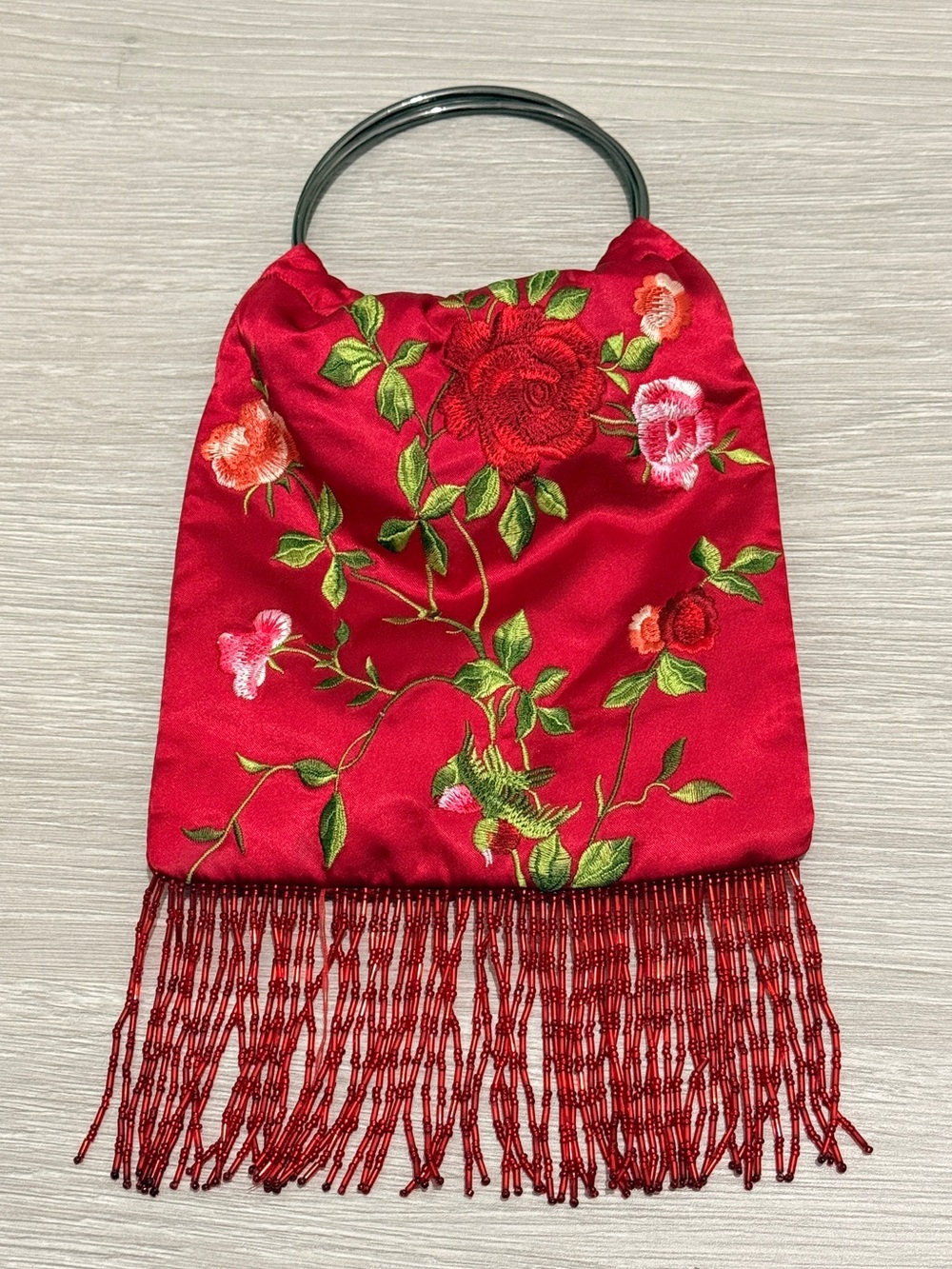 Vintage Style Embroidered Red Floral Beaded Fringe Handbag